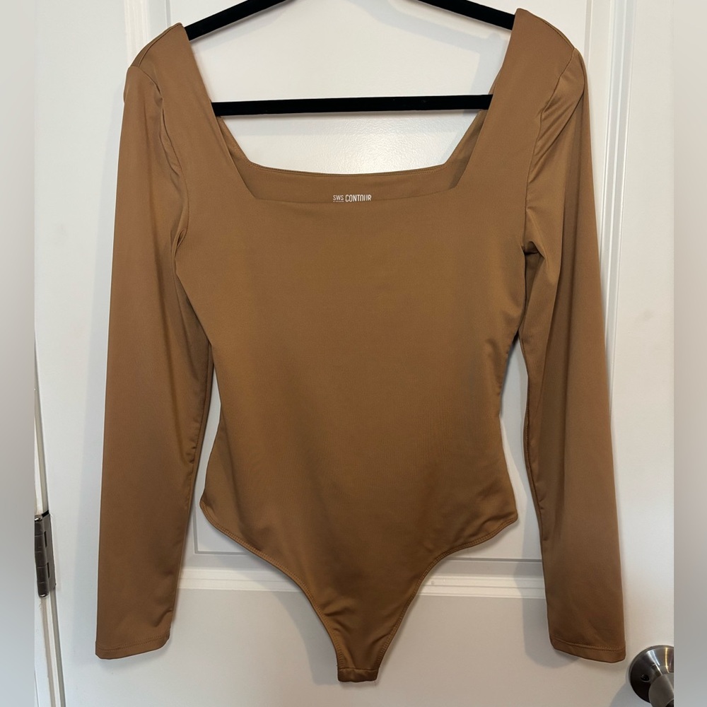 Women's Tan Long Sleeve Square Neck Bodysuit